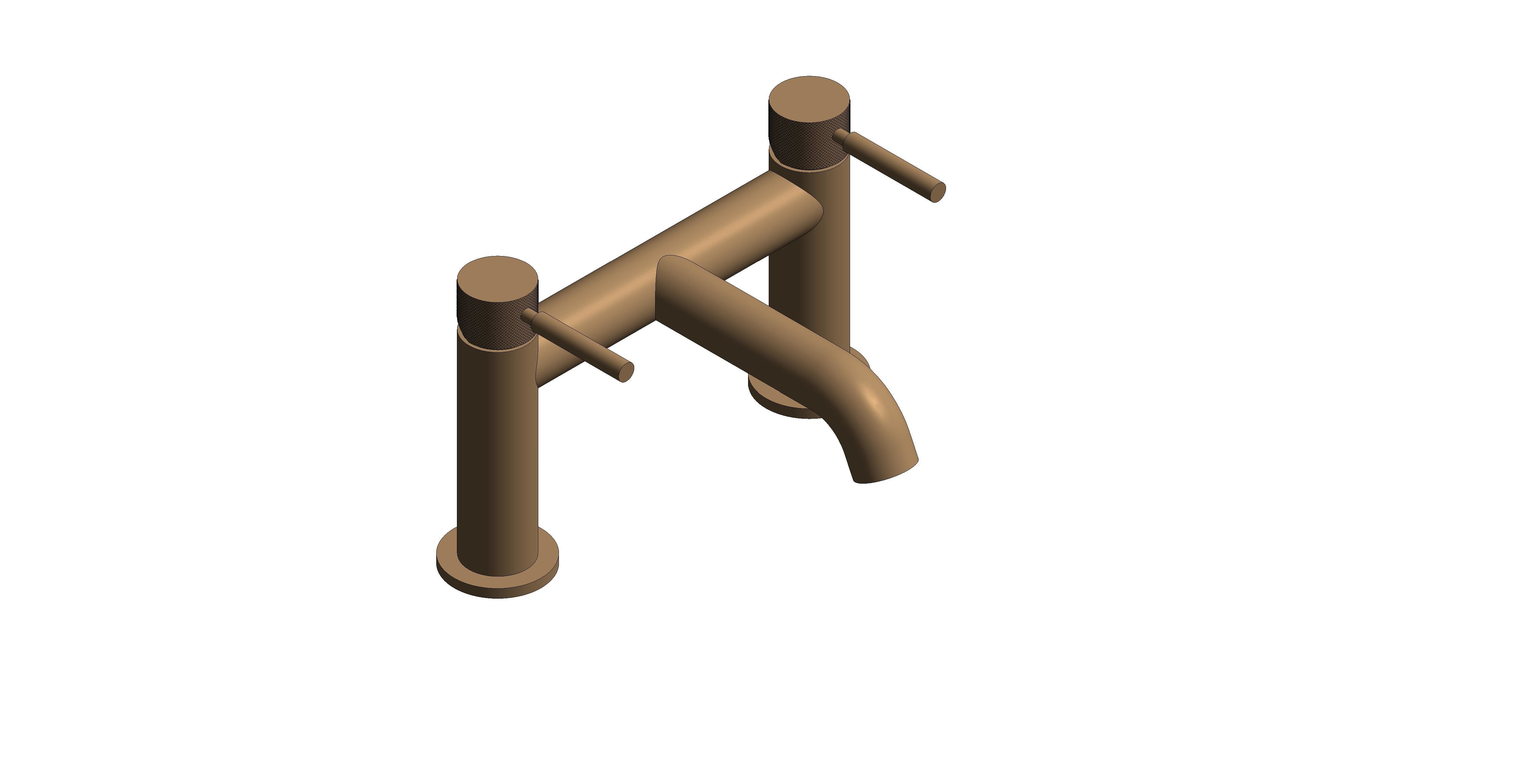 Product: KNURLED ACCENTS Origins Deck Mounted Bath Filler with Knurled Handles, in a Brushed Bronze Finish (IND-ORI237-BRZK)